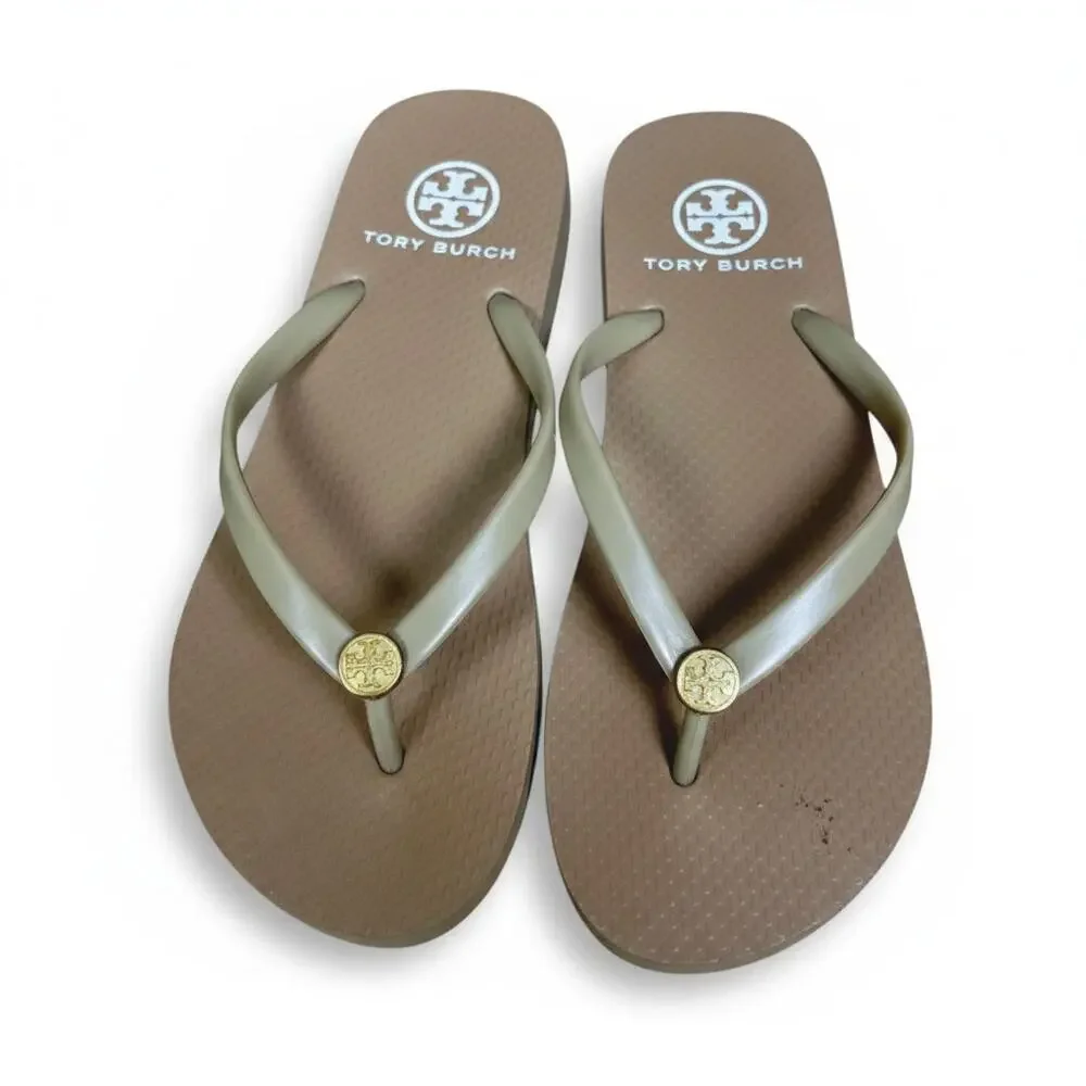 Tory Burch Signature Monogram Brown Flip-Flops Women's Size 5.5/6 Casual Luxury